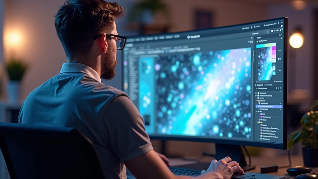 Designer arbeitet an Glasmorphismus-Effekten auf großem Monitor mit verschiedenen Blur- und Transparenz-Einstellungen