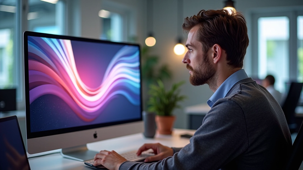 Designer bei der Arbeit an einem Layout mit Farbverläufen und Texteffekten auf dem Monitor