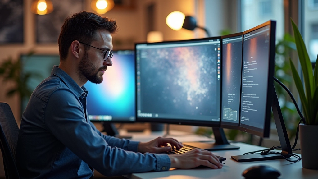 Designer arbeitet an Farbverlauf-Effekten auf einem professionellen Monitor